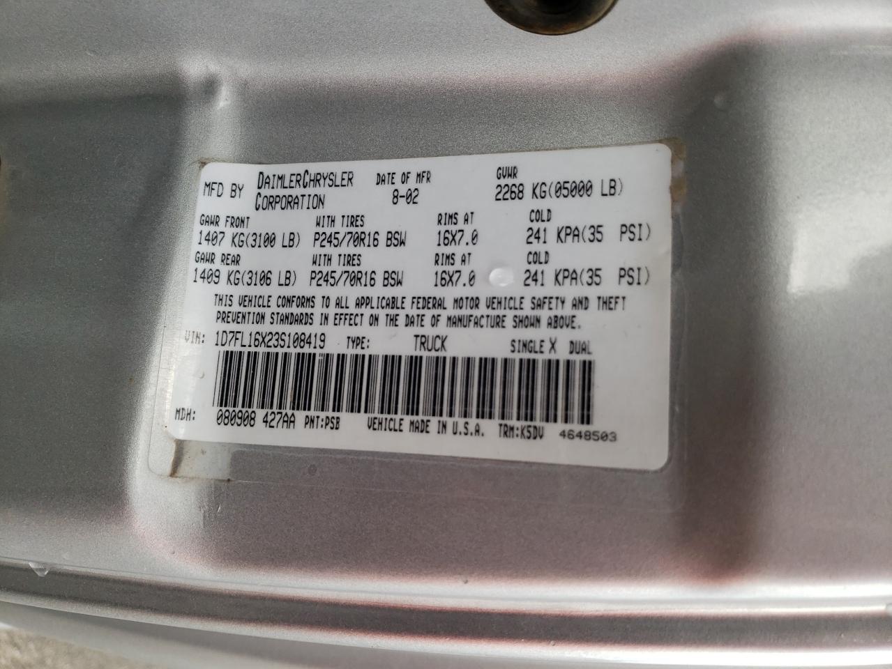 Zdjęcie 10 z aukcji – 2003 DODGE DAKOTA SXT z VIN 1D7FL16X23S108419