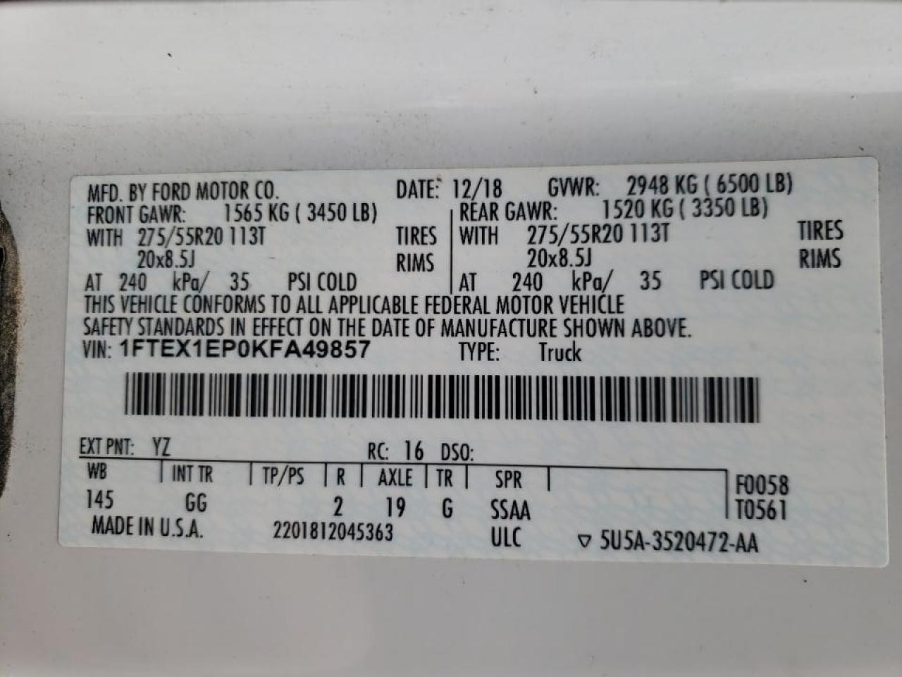 Photo 10 from auction – 2019 FORD F150 SUPER with VIN 1FTEX1EP0KFA49857
