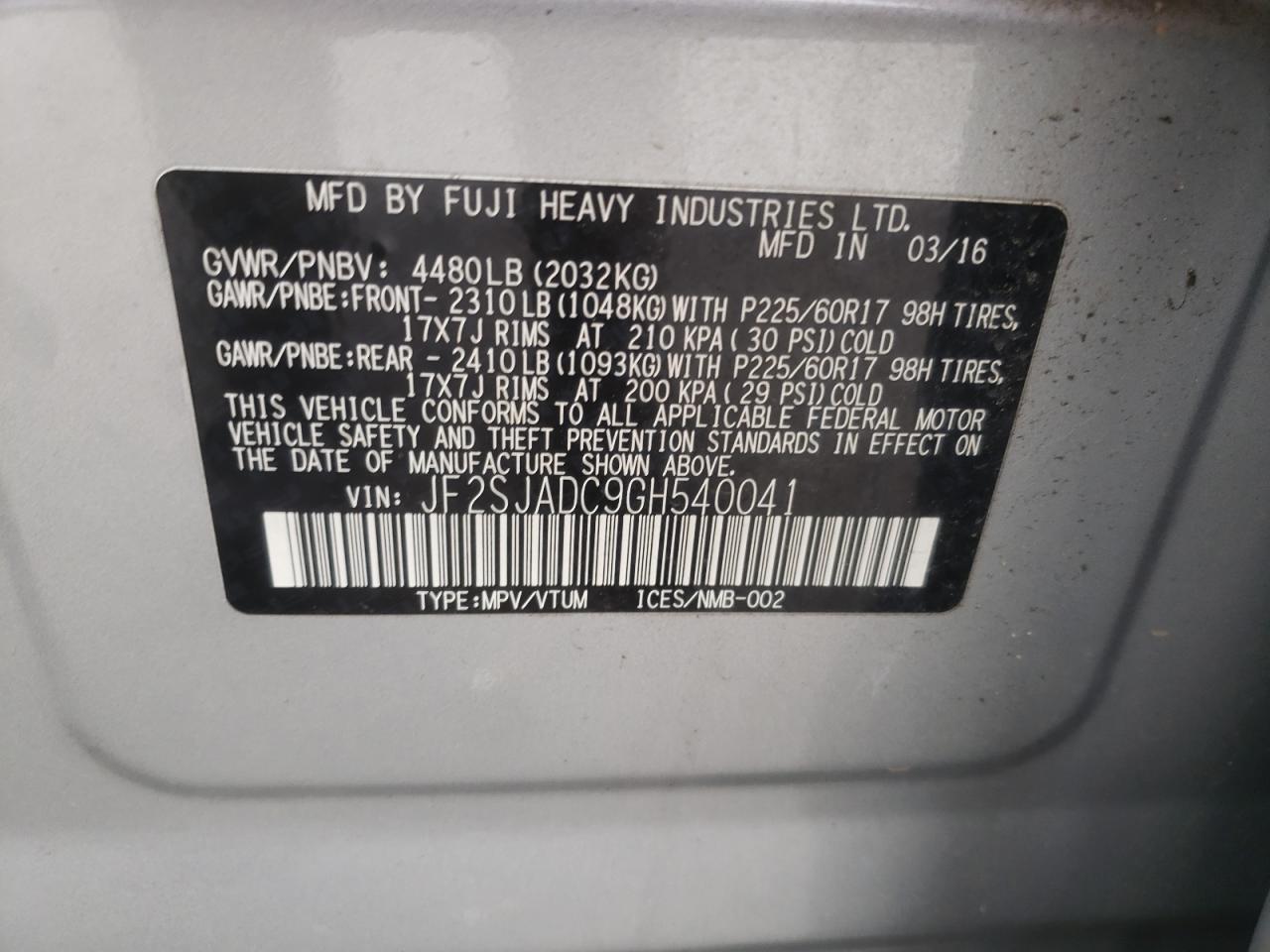 Photo 10 from auction – 2016 SUBARU FORESTER 2 with VIN JF2SJADC9GH540041