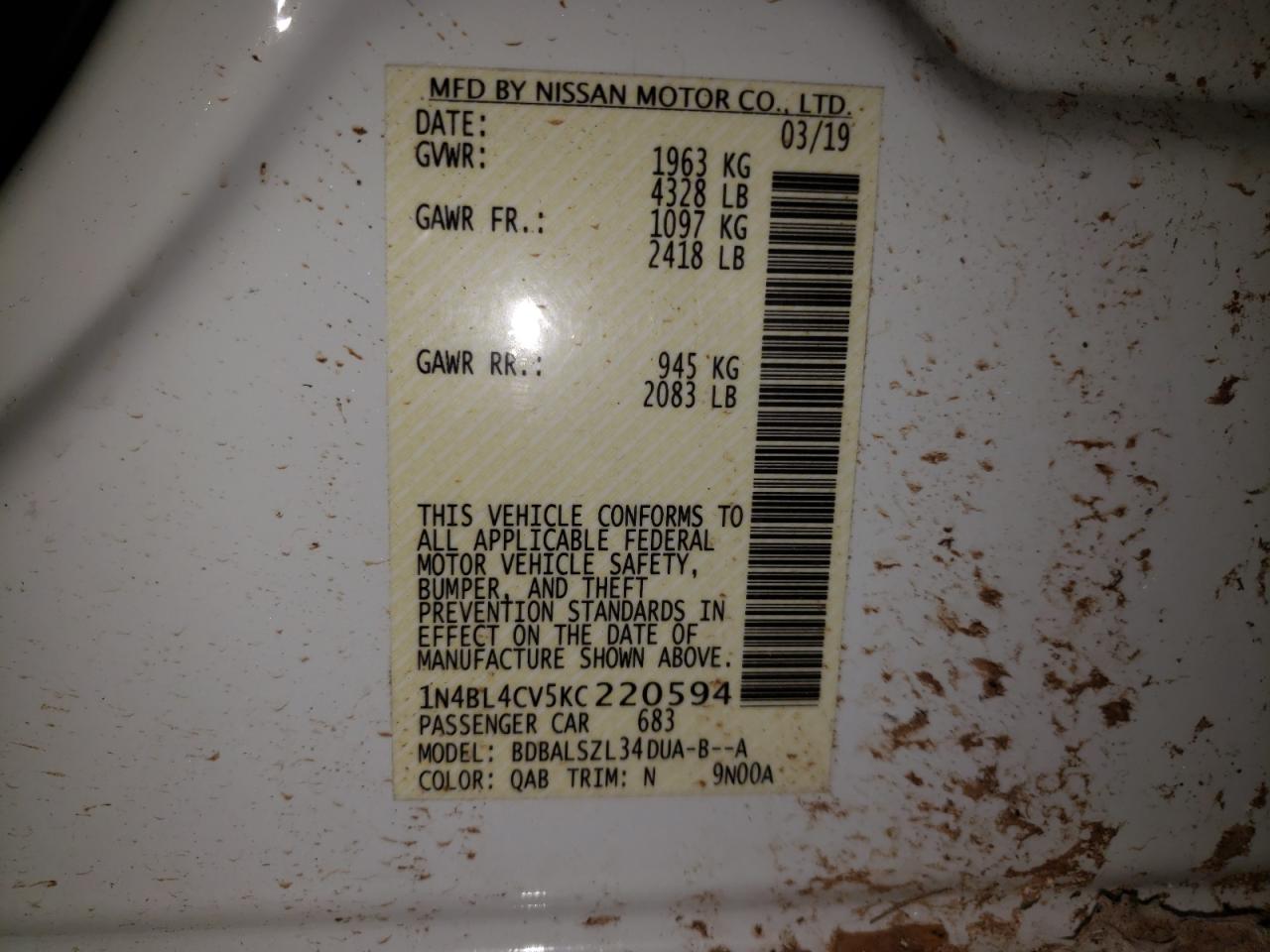 Photo 10 from auction – 2019 NISSAN ALTIMA SR with VIN 1N4BL4CV5KC220594