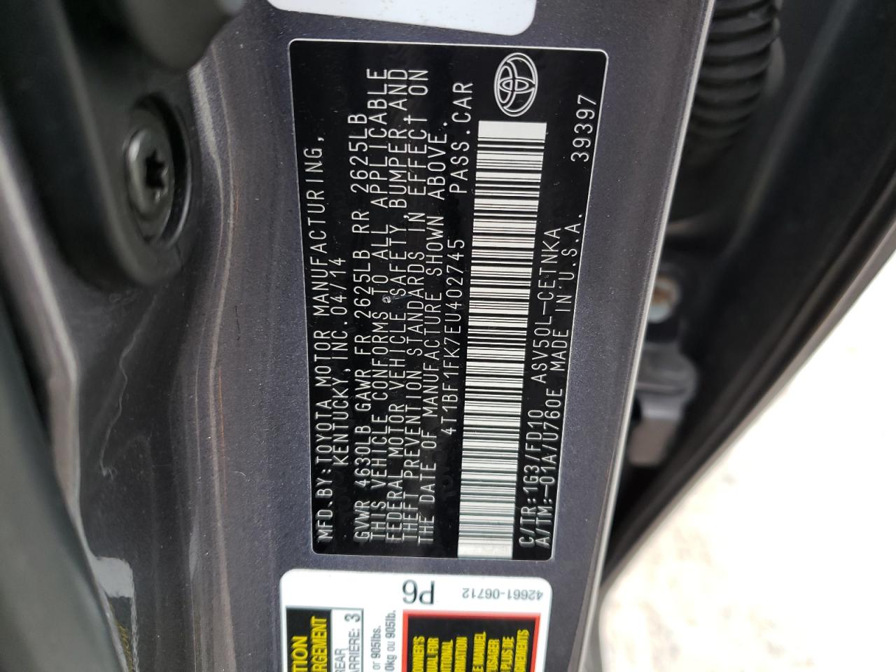 Photo 10 from auction – 2014 TOYOTA CAMRY L with VIN 4T1BF1FK7EU402745