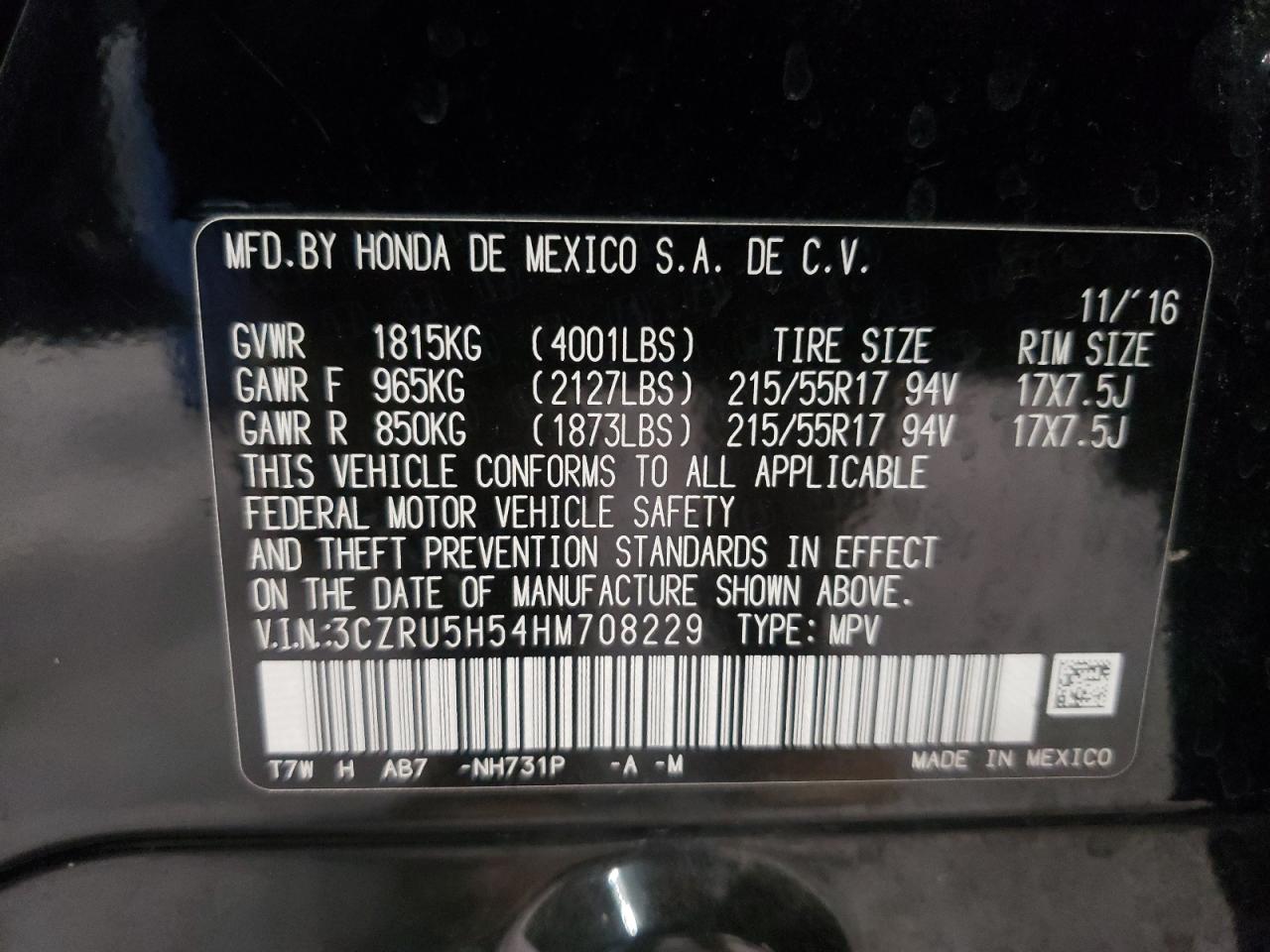 Photo 10 from auction – 2017 HONDA HR-V EX with VIN 3CZRU5H54HM708229