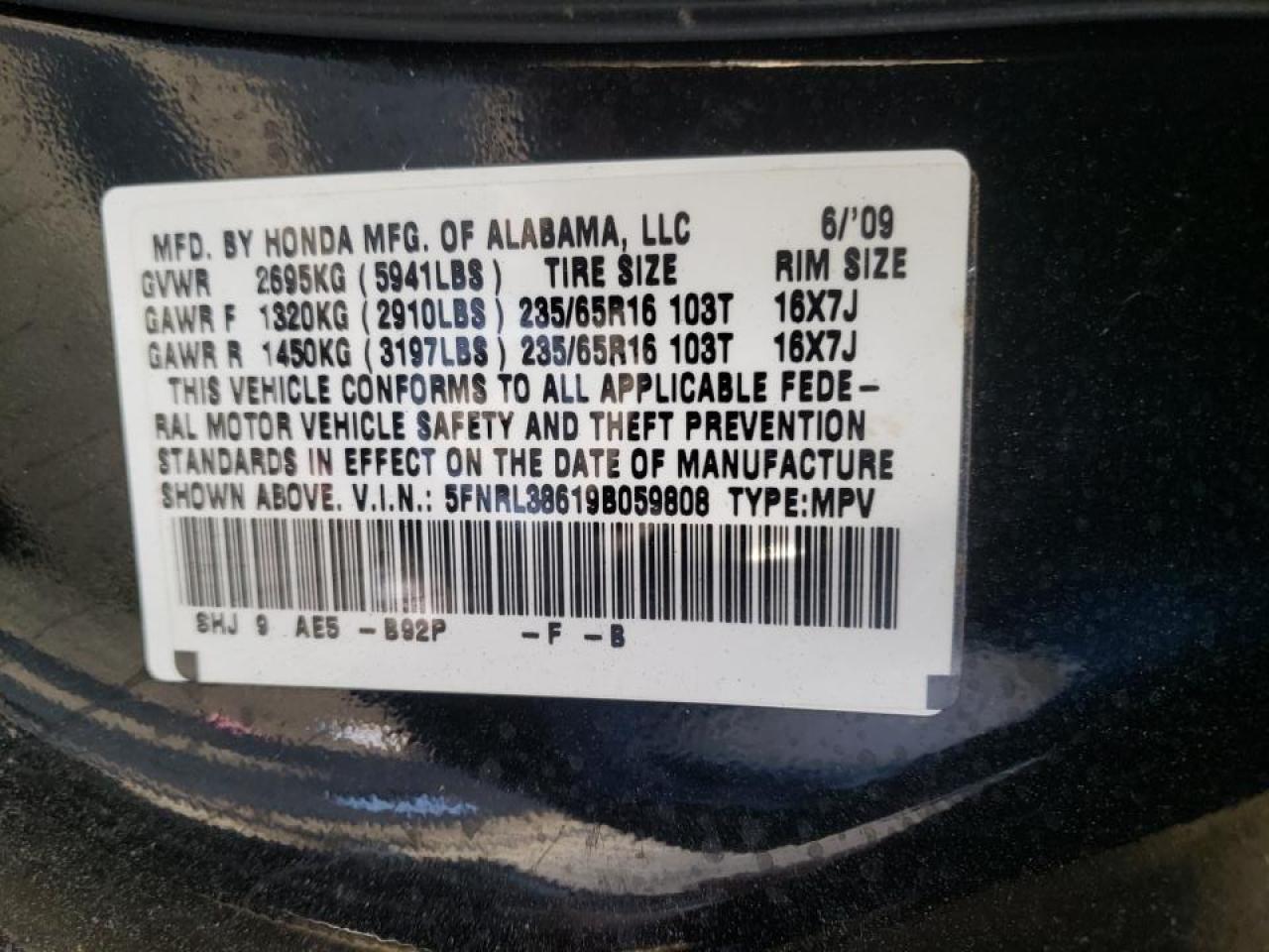 Photo 10 from auction – 2009 HONDA ODYSSEY EX with VIN 5FNRL38619B059808