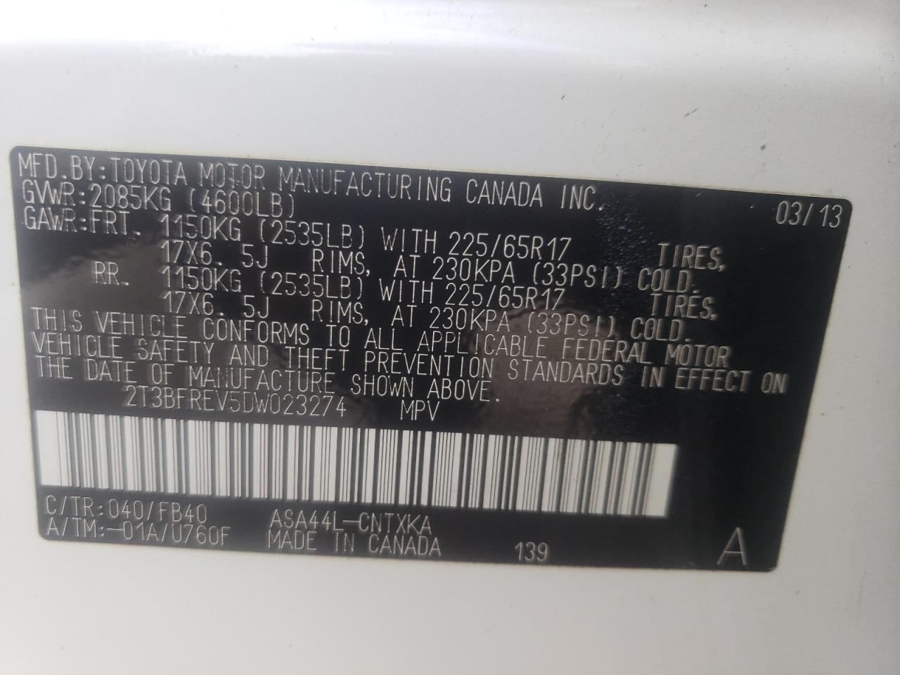 Photo 10 from auction – 2013 TOYOTA RAV4 LE with VIN 2T3BFREV5DW023274