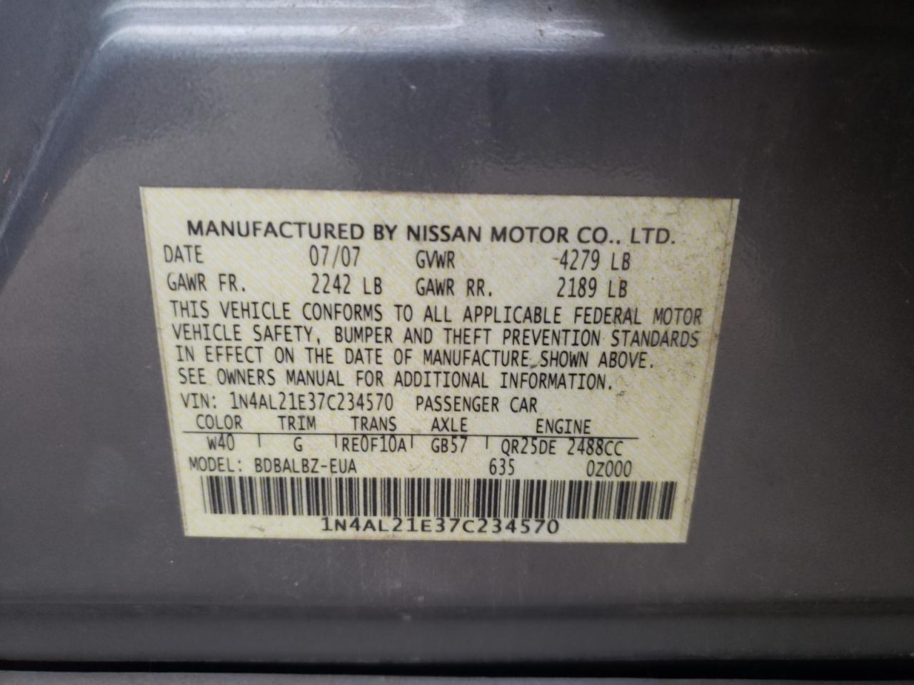 Photo 10 from auction – 2007 NISSAN ALTIMA 2.5 with VIN 1N4AL21E37C234570