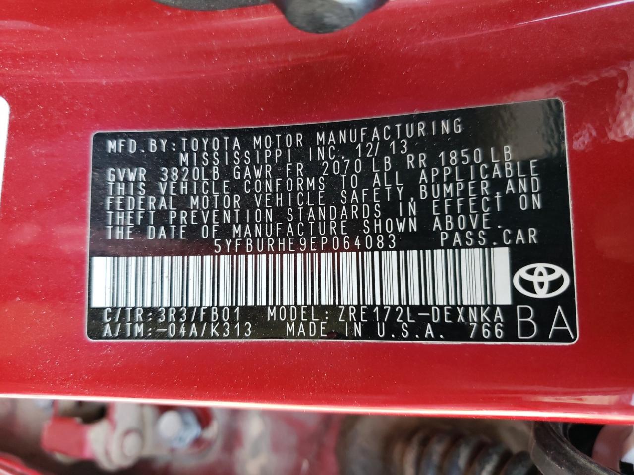 Photo 10 from auction – 2014 TOYOTA COROLLA L with VIN 5YFBURHE9EP064083
