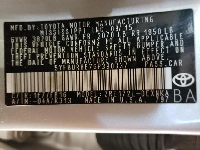 Photo 10 from auction – 2016 TOYOTA COROLLA L with VIN 5YFBURHE7GP390337
