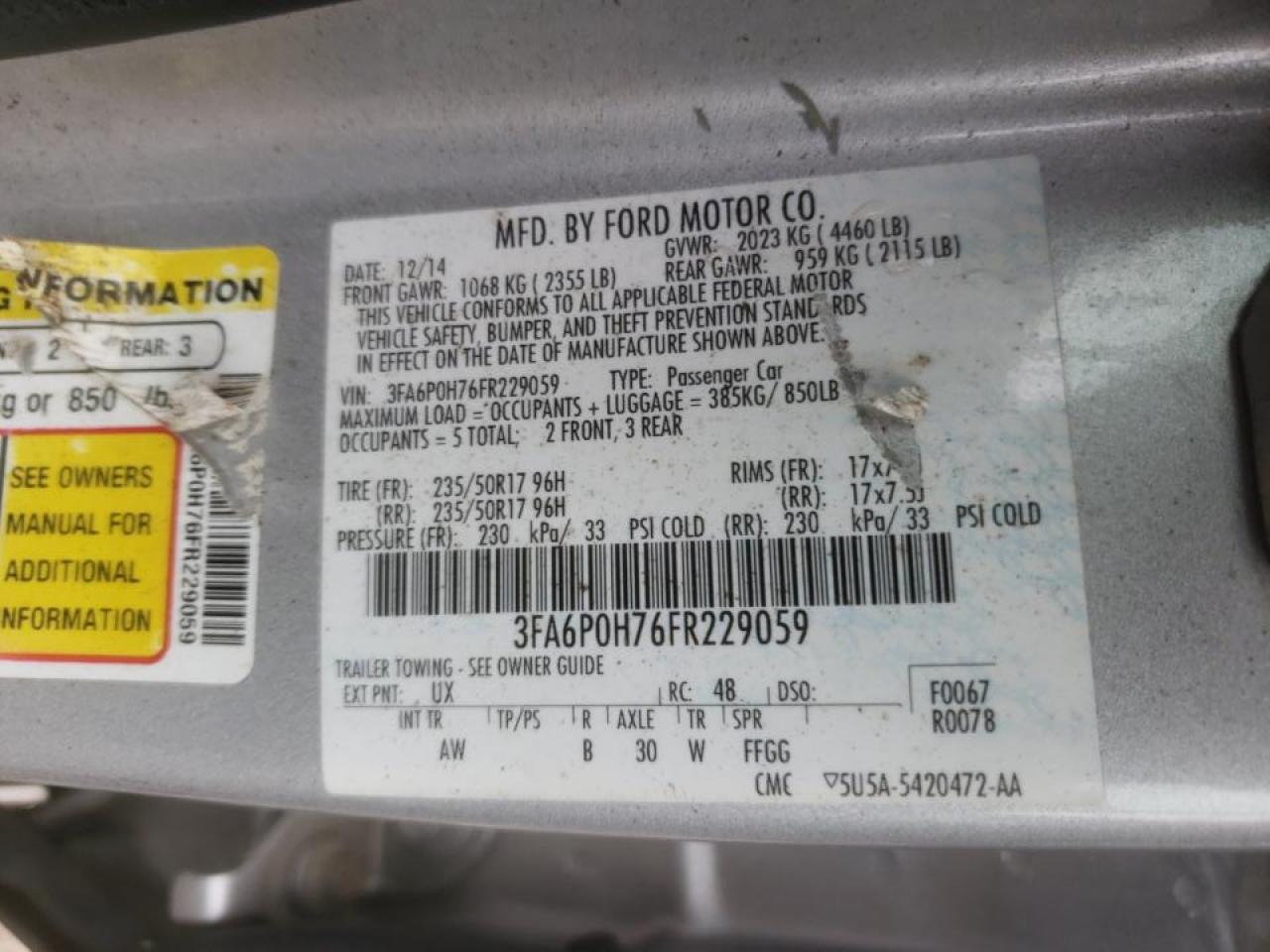 Photo 10 from auction – 2015 FORD FUSION SE with VIN 3FA6P0H76FR229059