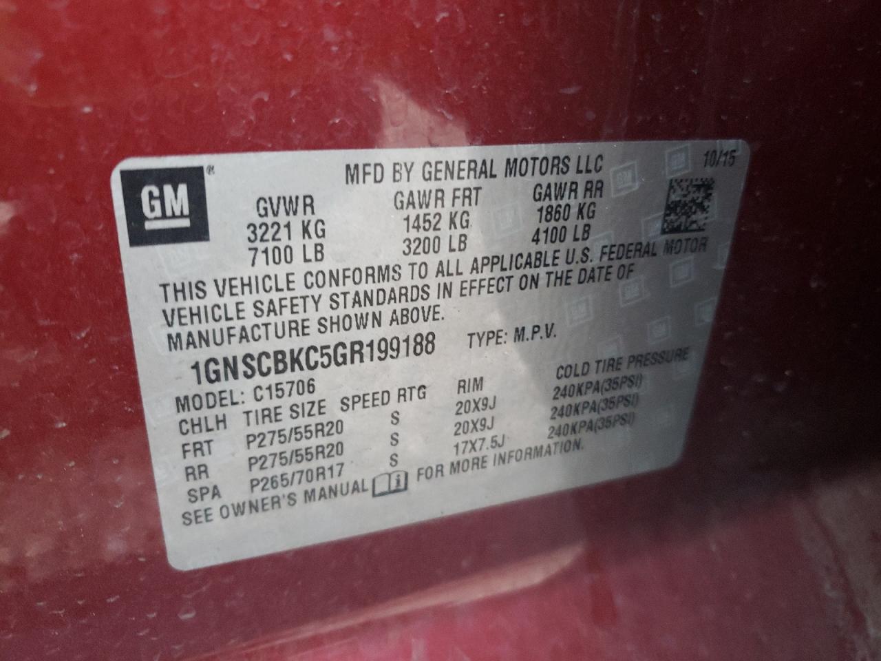 Photo 10 from auction – 2016 CHEVROLET TAHOE C150 with VIN 1GNSCBKC5GR199188