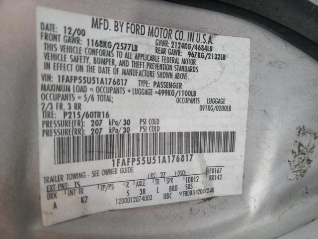 Photo 10 from auction – 2001 FORD TAURUS SES with VIN 1FAFP55U51A176817