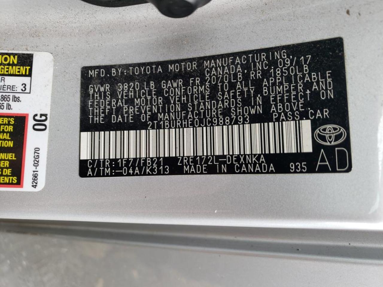 Photo 10 from auction – 2018 TOYOTA COROLLA L with VIN 2T1BURHE0JC988793