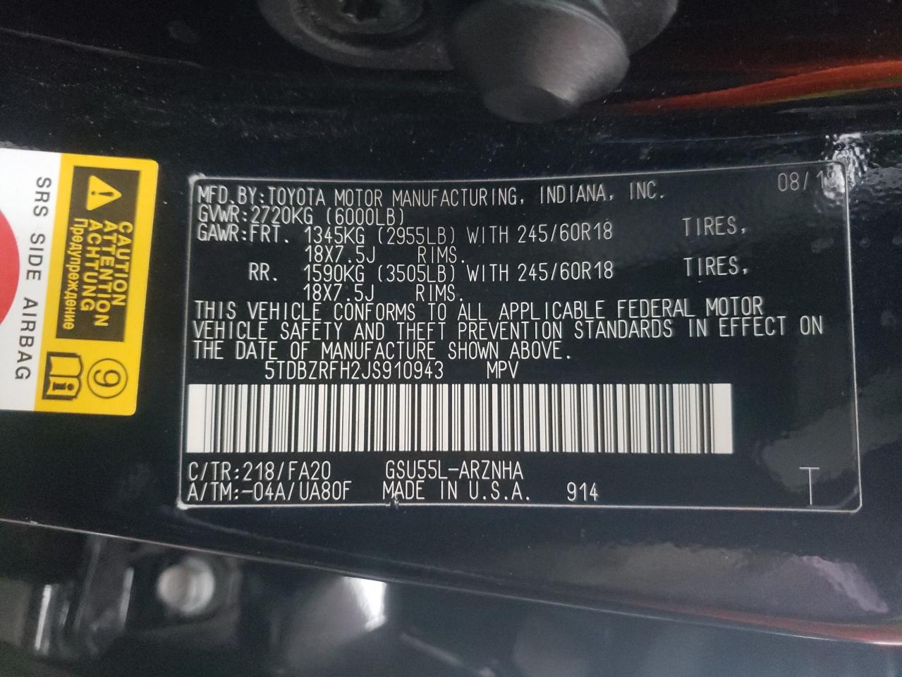 Photo 10 from auction – 2018 TOYOTA HIGHLANDER with VIN 5TDBZRFH2JS910943