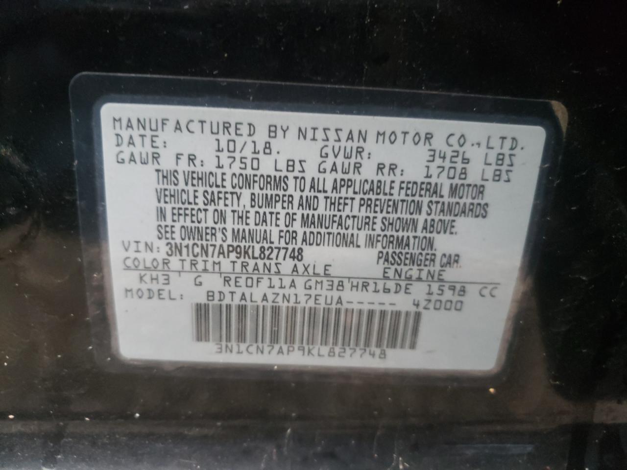 Photo 10 from auction – 2019 NISSAN VERSA S with VIN 3N1CN7AP9KL827748