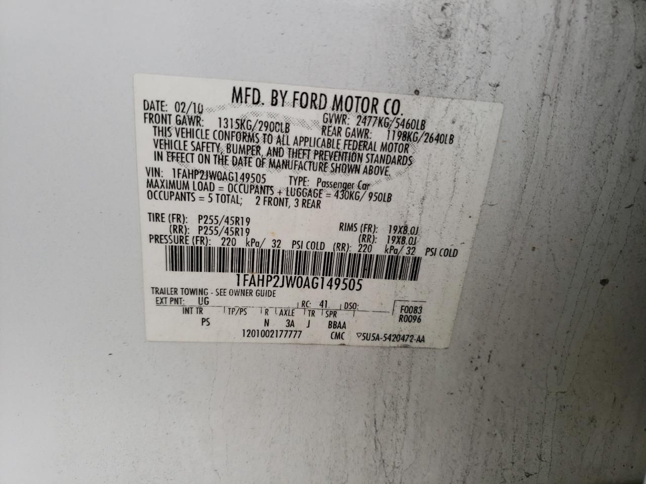 Zdjęcie 10 z aukcji – 2010 FORD TAURUS LIM z VIN 1FAHP2JW0AG149505