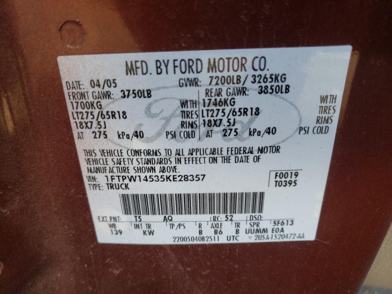 Photo 10 from auction – 2005 FORD F150 SUPER with VIN 1FTPW14535KE28357