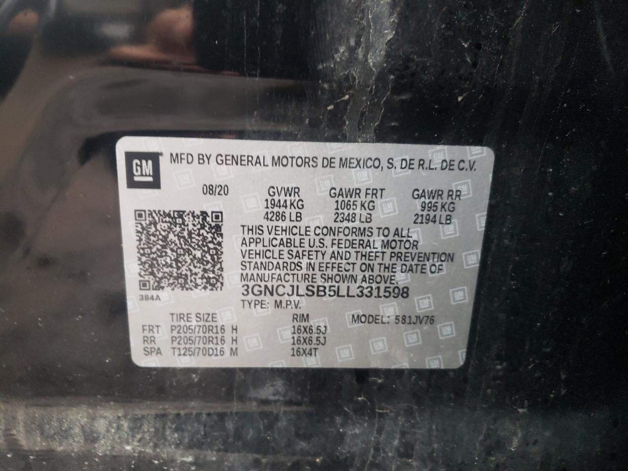 Photo 10 from auction – 2020 CHEVROLET TRAX 1LT with VIN 3GNCJLSB5LL331598
