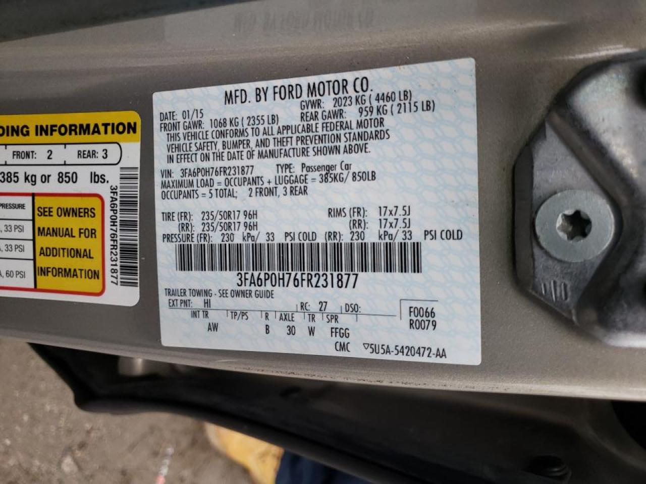 Photo 10 from auction – 2015 FORD FUSION SE with VIN 3FA6P0H76FR231877