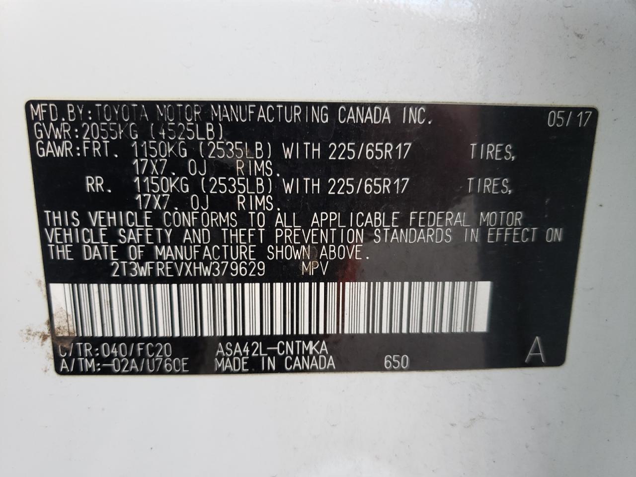 Photo 10 from auction – 2017 TOYOTA RAV-4 with VIN 2T3WFREVXHW379629
