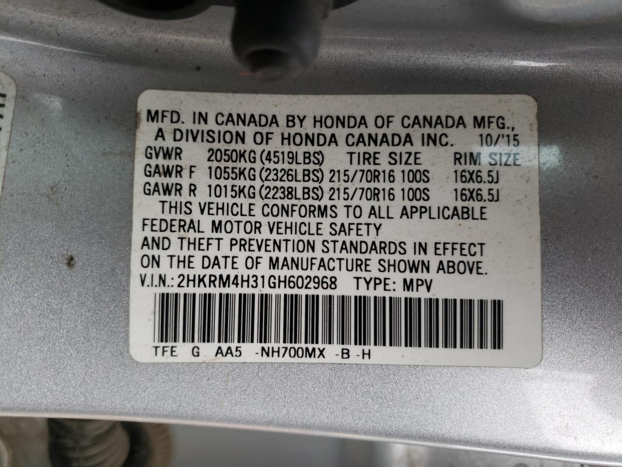Photo 10 from auction – 2016 HONDA CR-V LX with VIN 2HKRM4H31GH602968