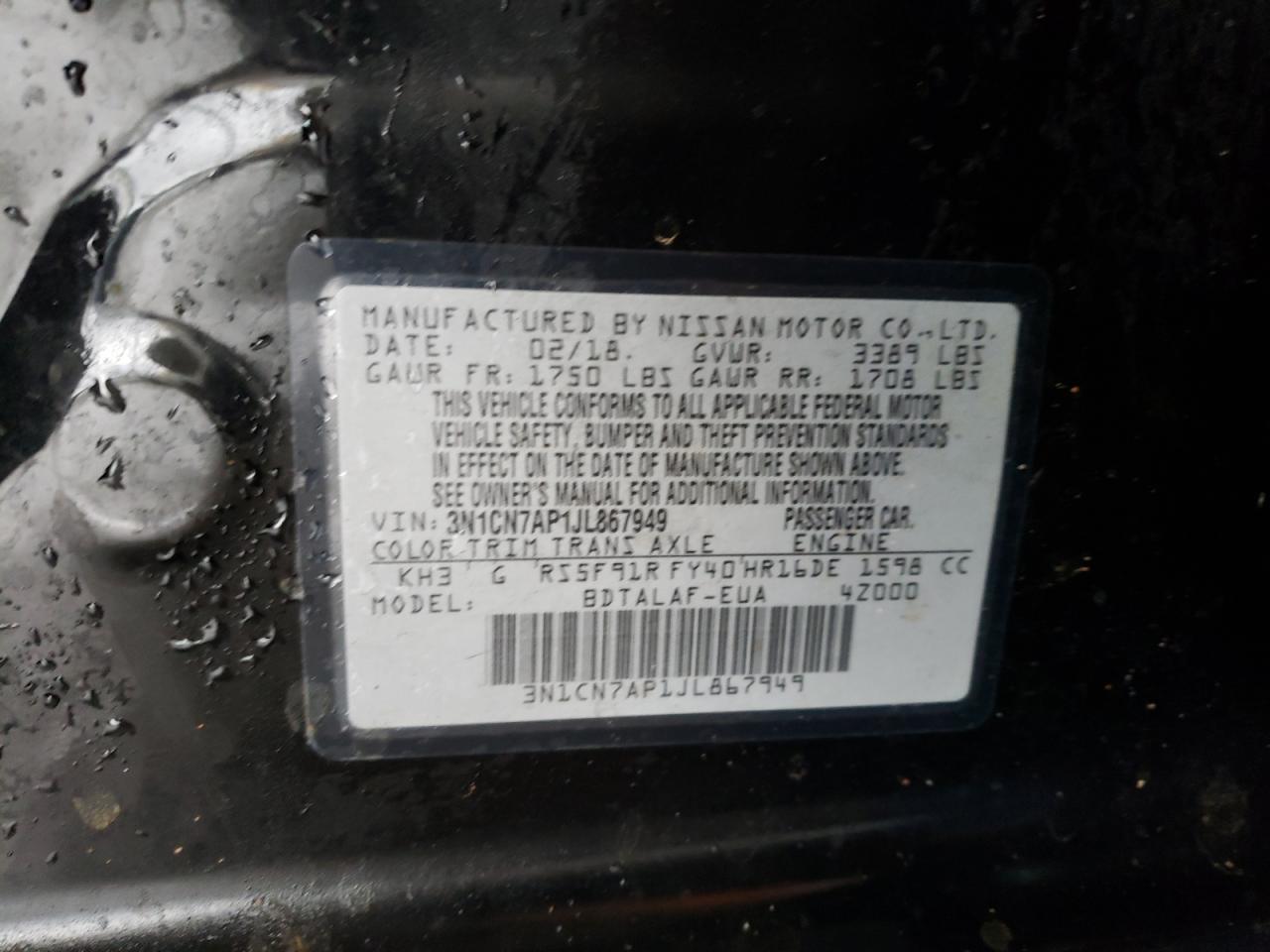 Photo 10 from auction – 2018 NISSAN VERSA S with VIN 3N1CN7AP1JL867949