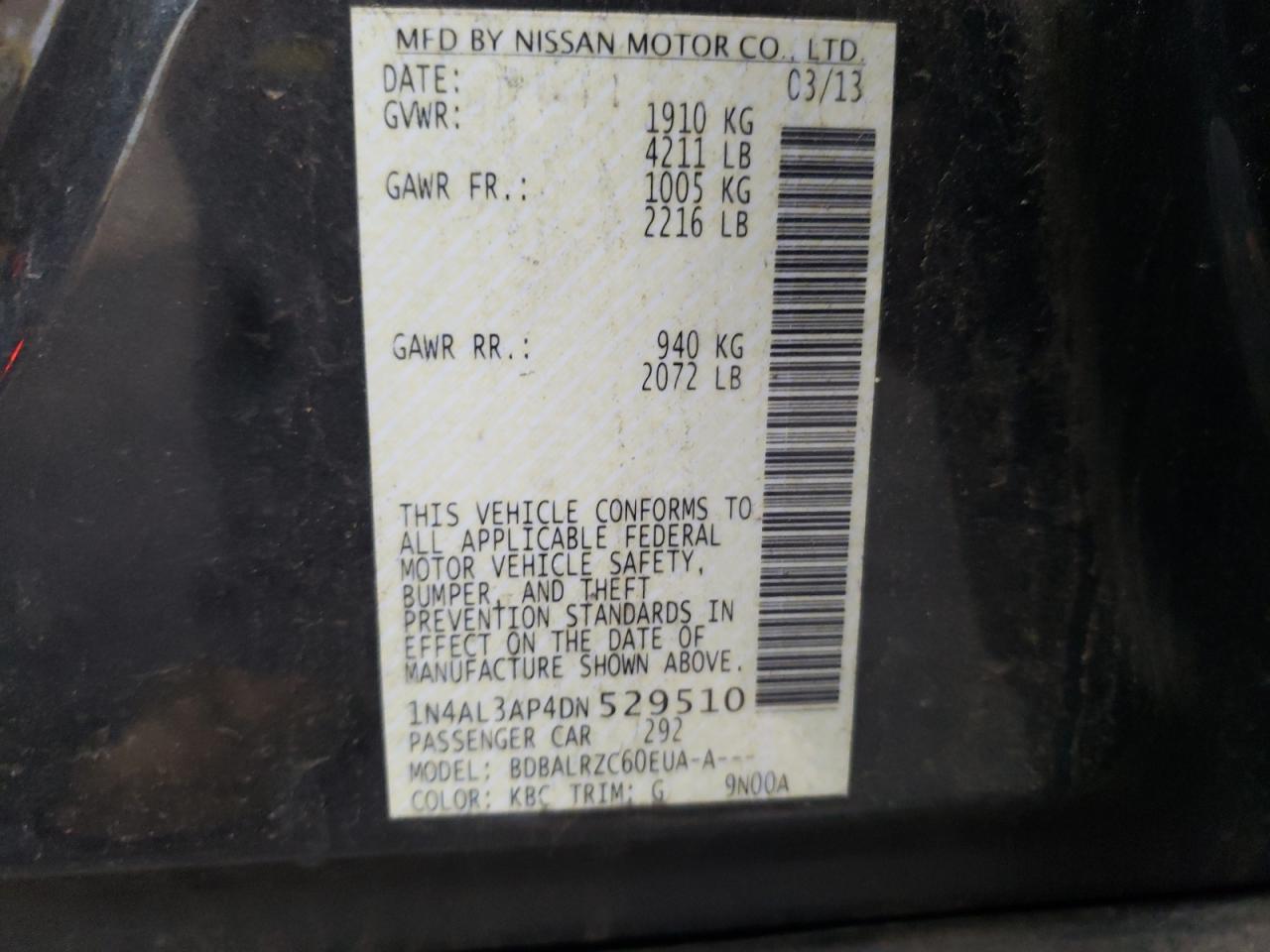 Photo 10 from auction – 2013 NISSAN ALTIMA 2.5 with VIN 1N4AL3AP4DN529510
