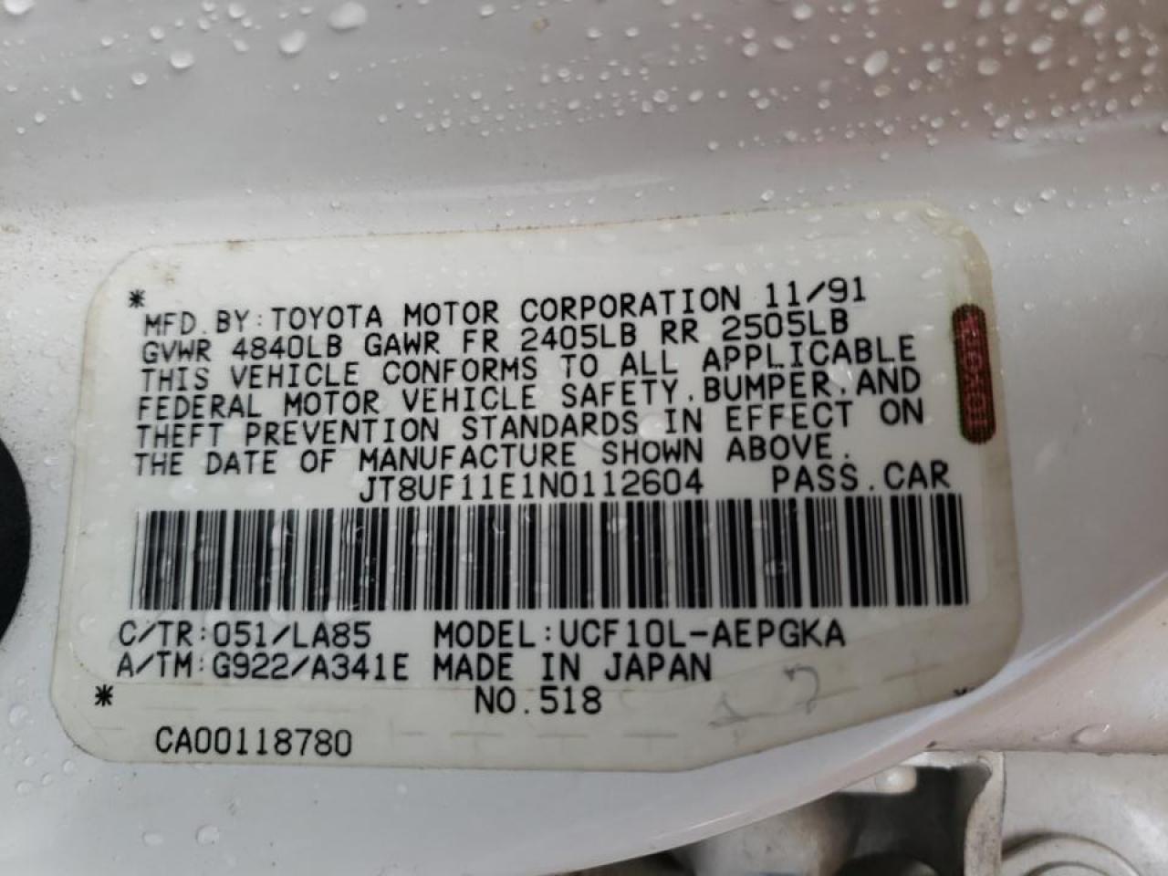 Photo 10 from auction – 1992 LEXUS LS 400 with VIN JT8UF11E1N0112604