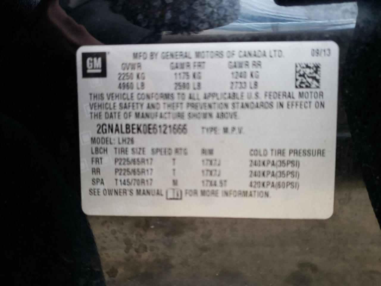 Photo 10 from auction – 2014 CHEVROLET EQUINOX LT with VIN 2GNALBEK0E6121666