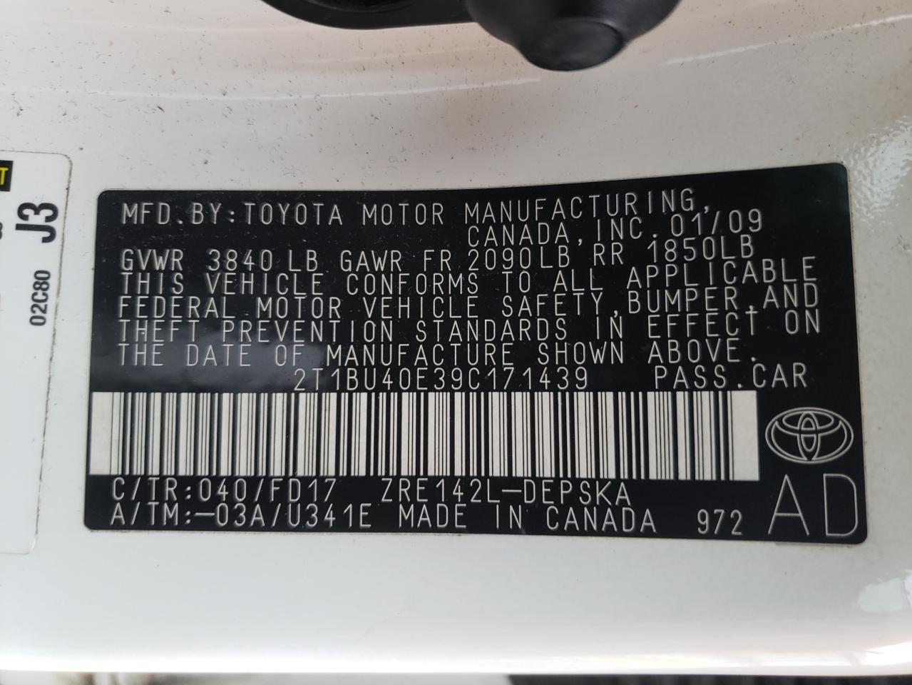Photo 10 from auction – 2009 TOYOTA COROLLA BA with VIN 2T1BU40E39C171439