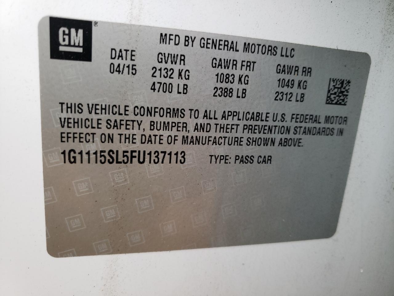 Photo 10 from auction – 2015 CHEVROLET IMPALA LT with VIN 1G1115SL5FU137113