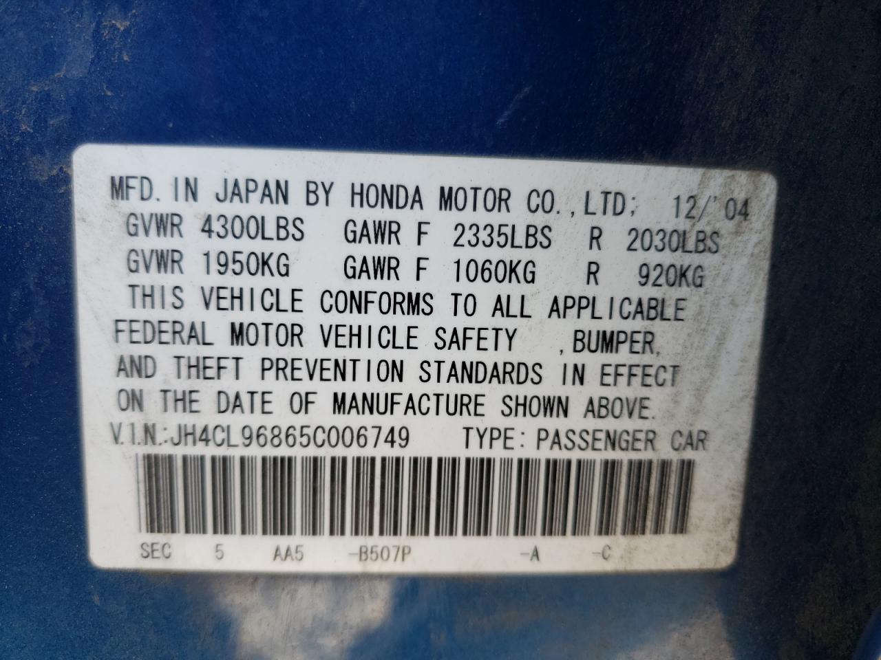 Photo 10 from auction – 2005 ACURA TSX with VIN JH4CL96865C006749