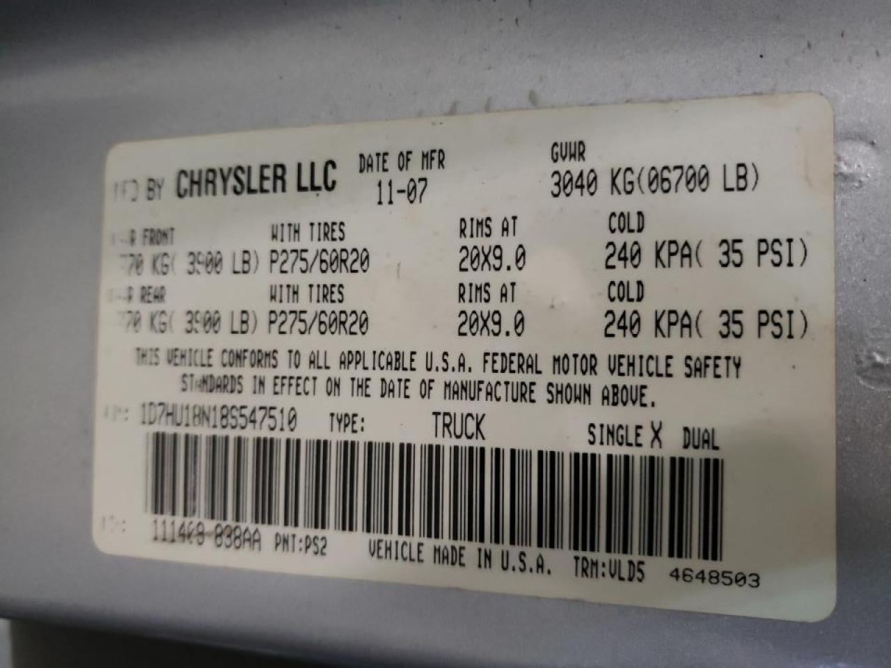 Photo 10 from auction – 2008 DODGE RAM 1500 S with VIN 1D7HU18N18S547510