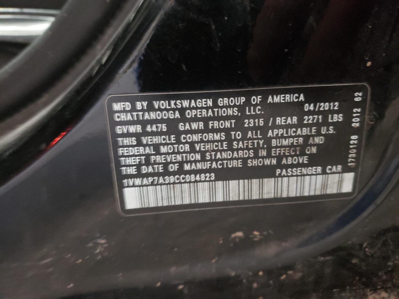 Photo 10 from auction – 2012 VOLKSWAGEN PASSAT S with VIN 1VWAP7A39CC084823
