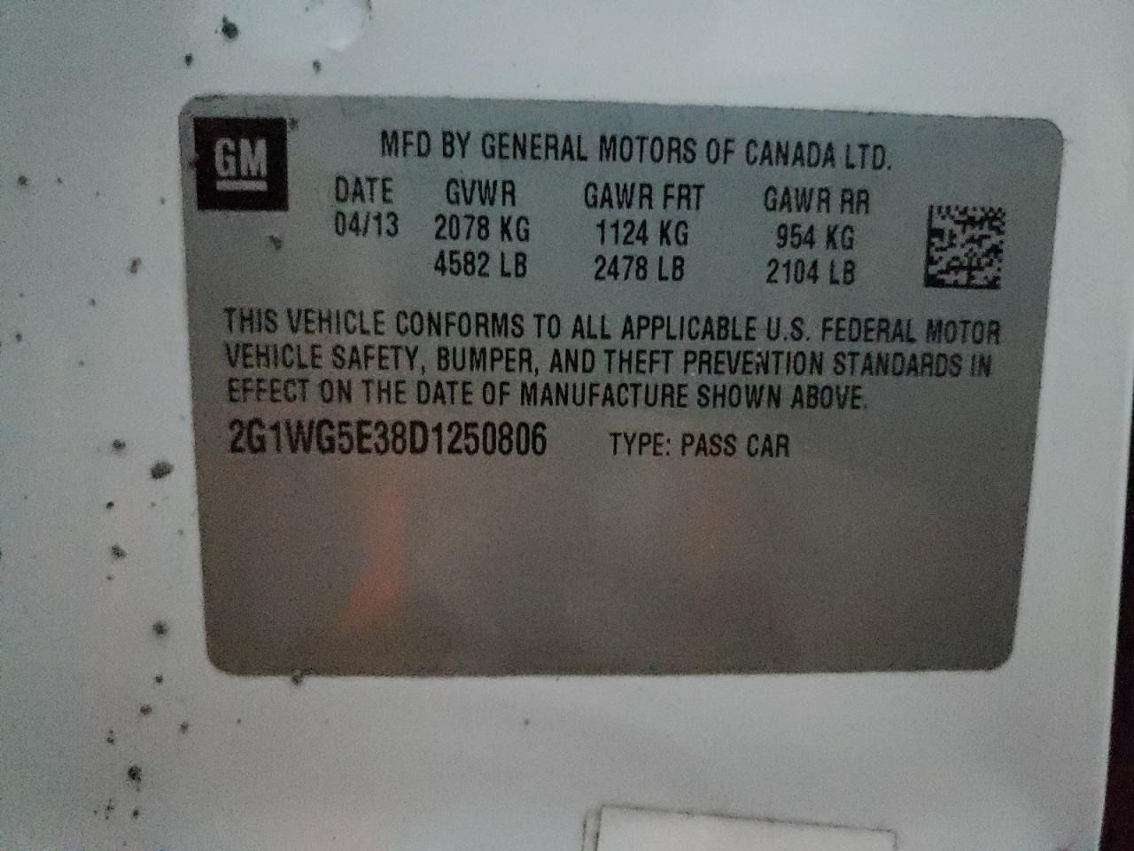 Photo 10 from auction – 2013 CHEVROLET IMPALA LT with VIN 2G1WG5E38D1250806