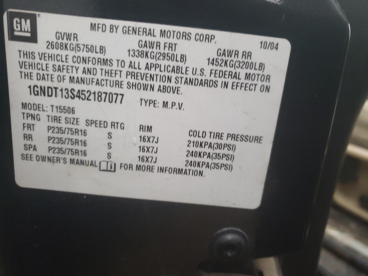 Photo 10 from auction – 2005 CHEVROLET TRAILBLAZE with VIN 1GNDT13S452187077