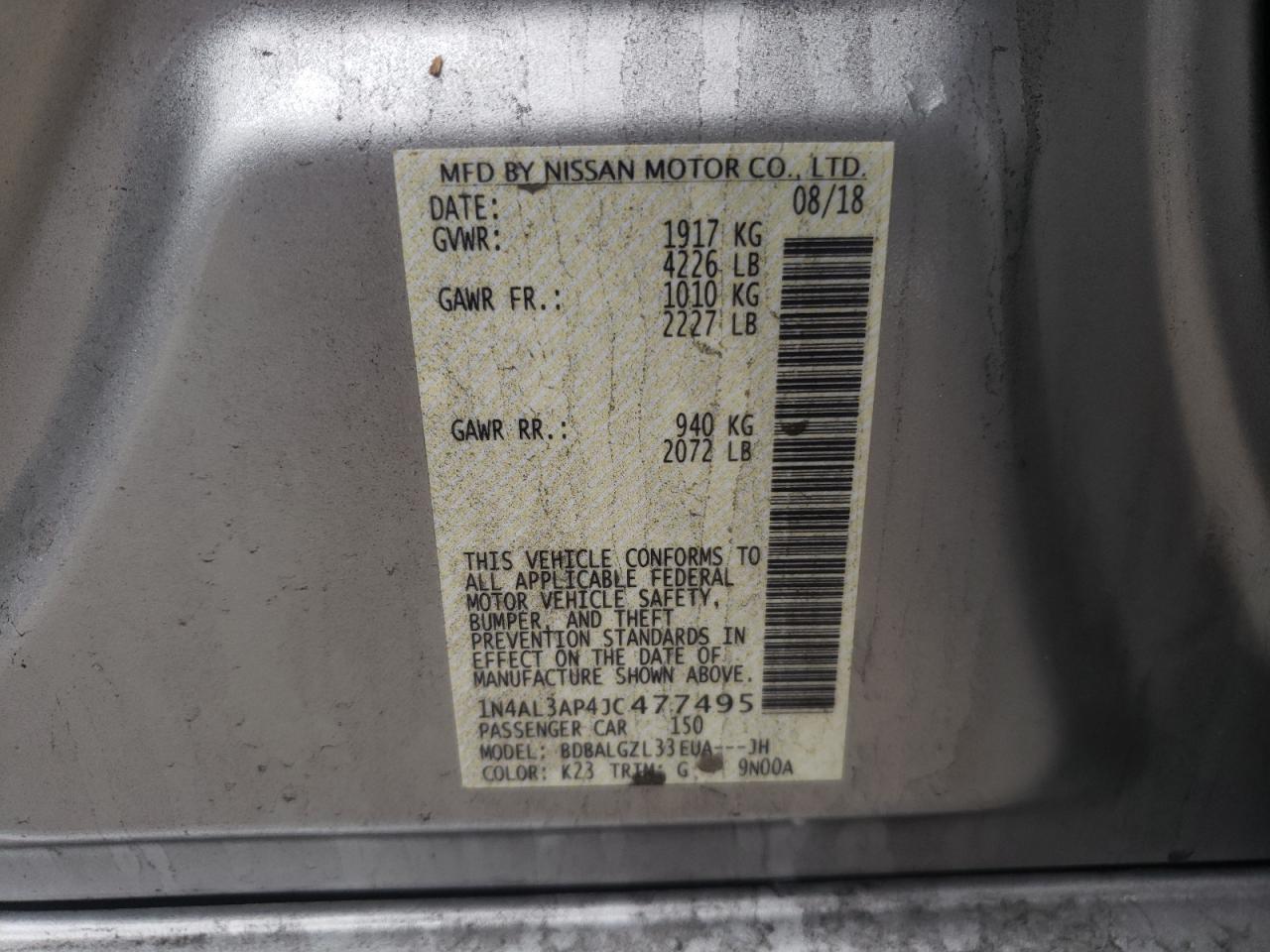 Photo 10 from auction – 2018 NISSAN ALTIMA 2.5 with VIN 1N4AL3AP4JC477495