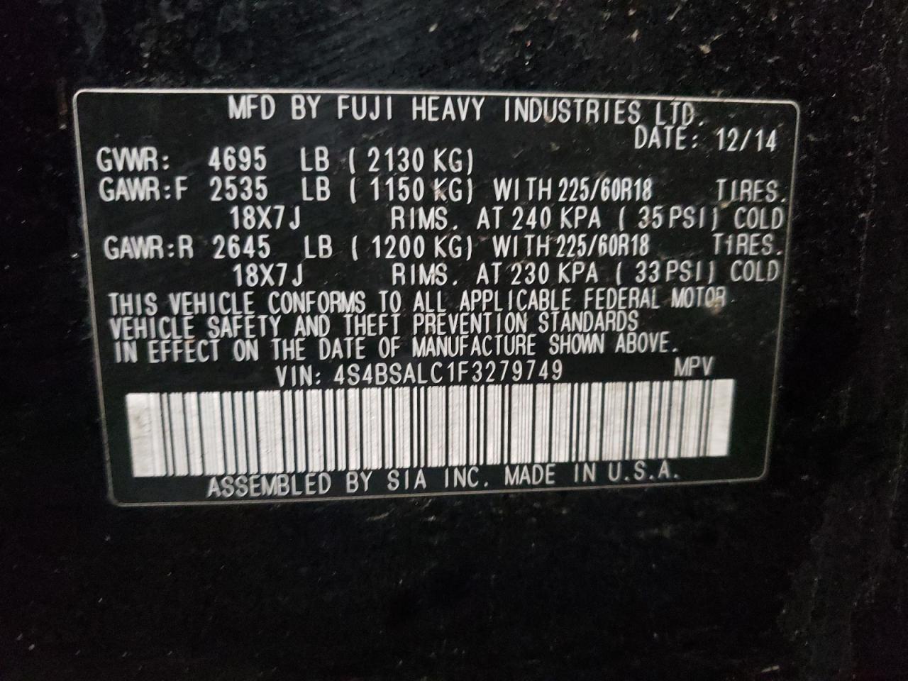 Photo 10 from auction – 2015 SUBARU OUTBACK 2. with VIN 4S4BSALC1F3279749