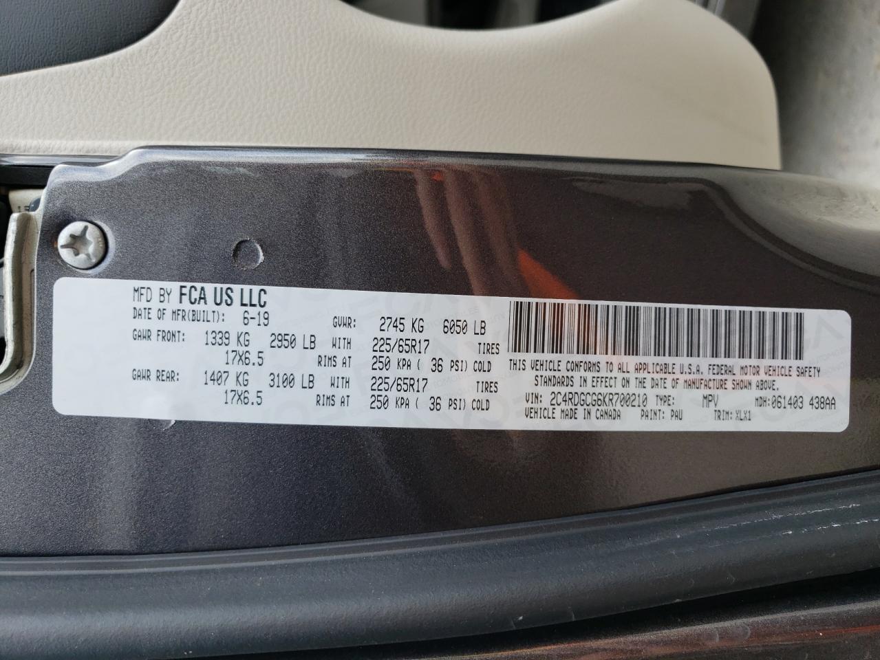 Photo 10 from auction – 2019 DODGE GRAND CARA with VIN 2C4RDGCG6KR700210