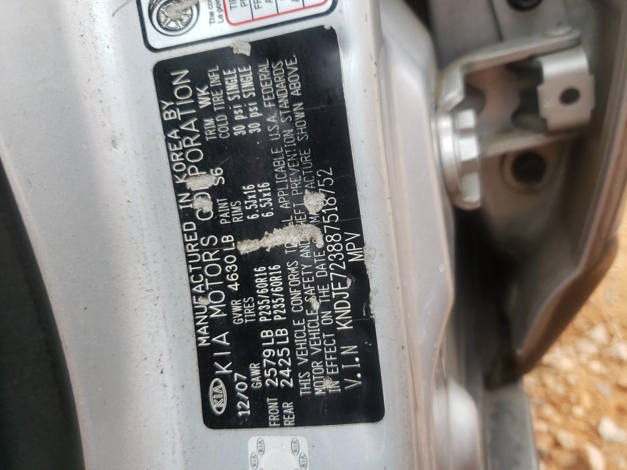 Photo 10 from auction – 2008 KIA SPORTAGE E with VIN KNDJF723887518752