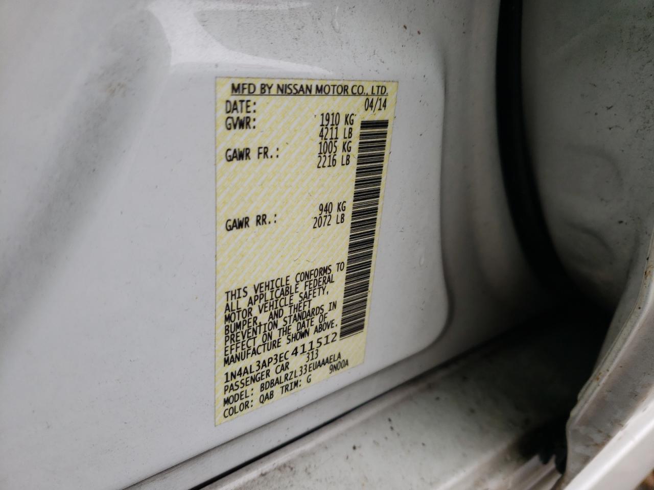 Photo 10 from auction – 2014 NISSAN ALTIMA 2.5 with VIN 1N4AL3AP3EC411512