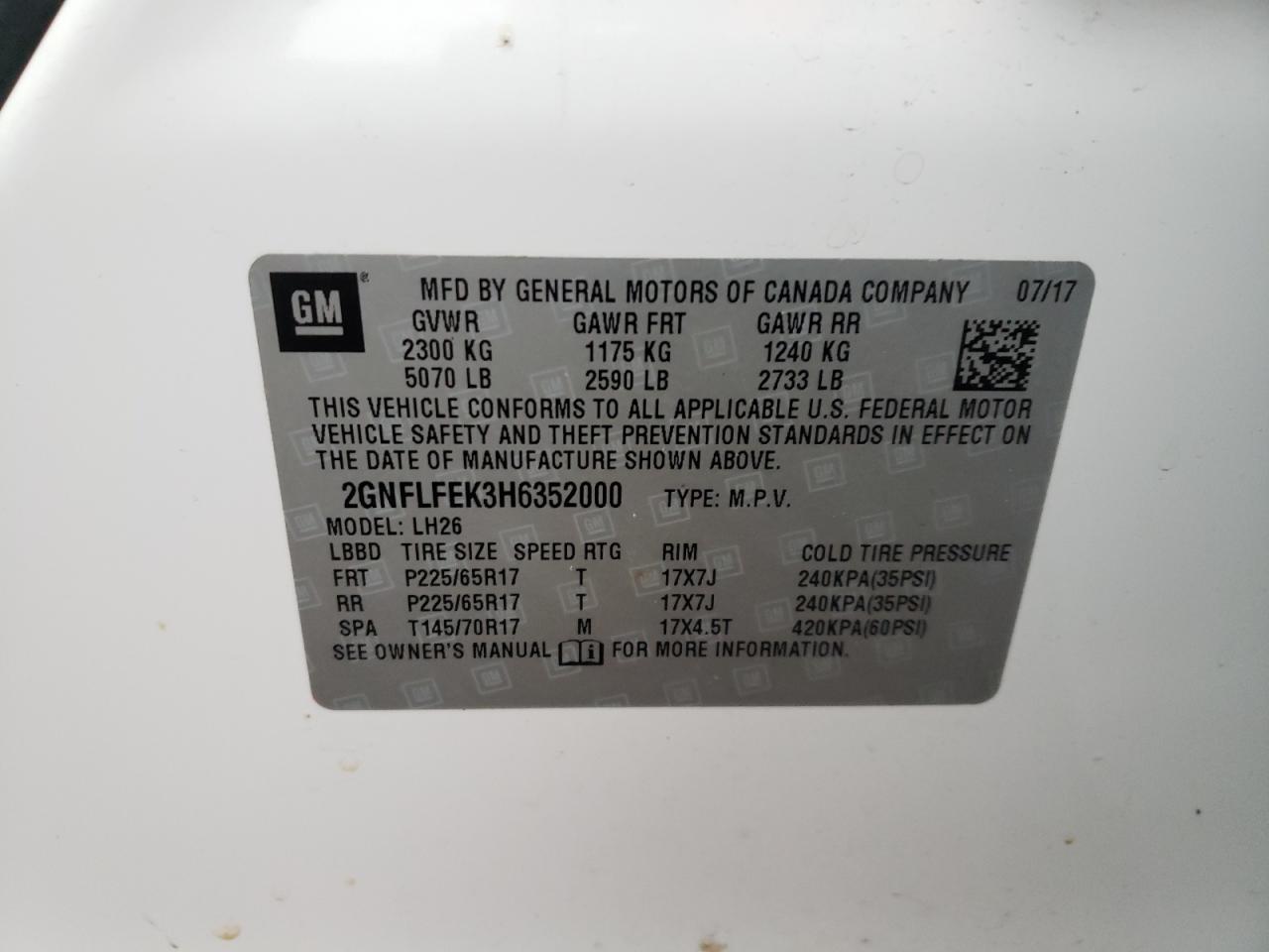 Photo 10 from auction – 2017 CHEVROLET EQUINOX LT with VIN 2GNFLFEK3H6352000