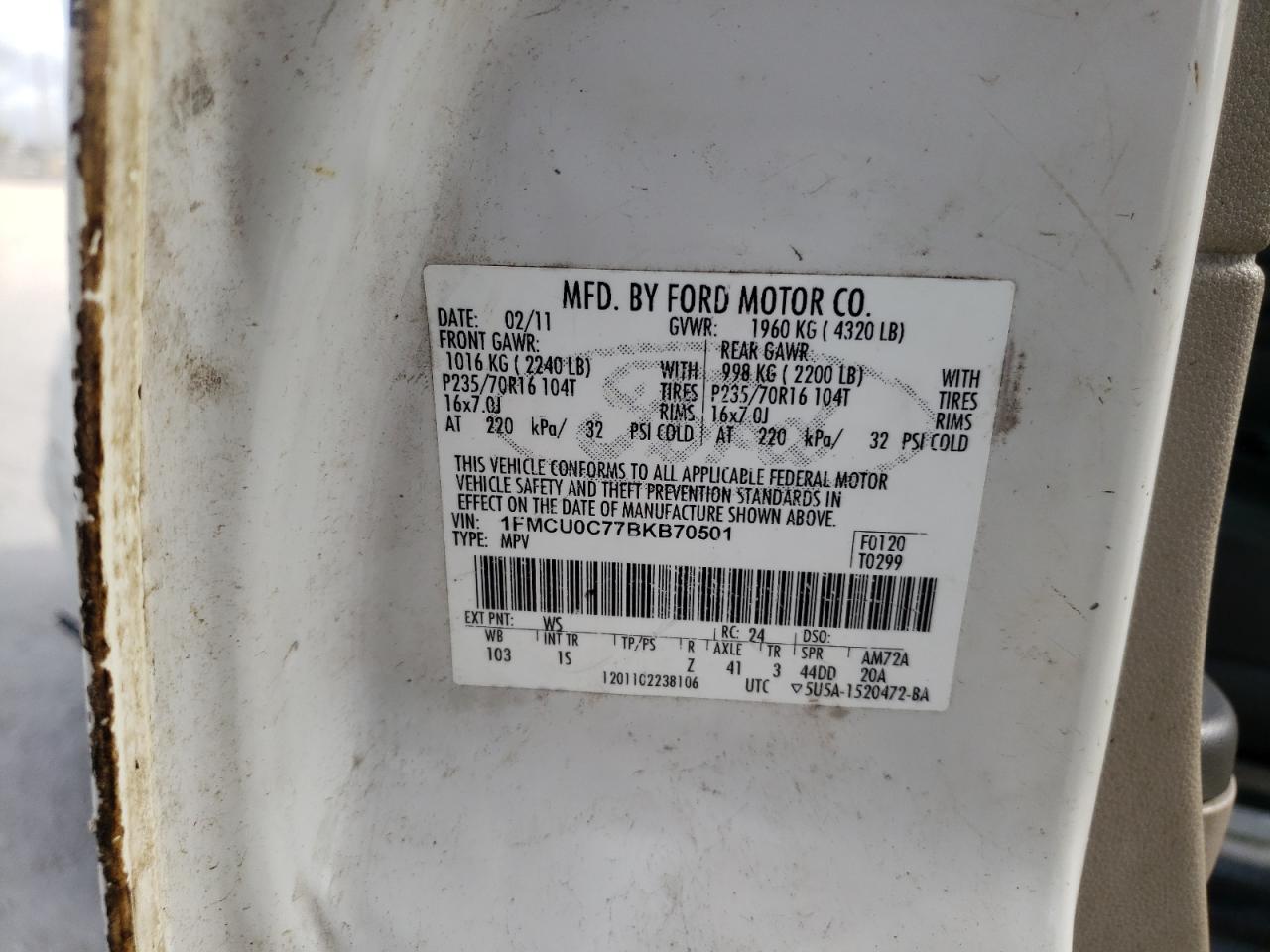 Photo 10 from auction – 2011 FORD ESCAPE XLS with VIN 1FMCU0C77BKB70501