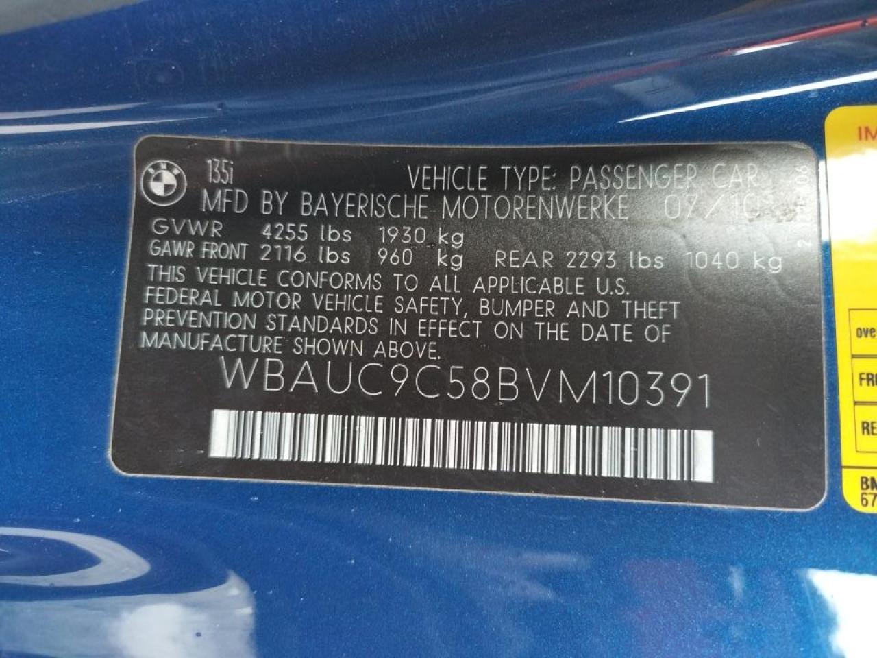 Photo 10 from auction – 2011 BMW 135 I with VIN WBAUC9C58BVM10391