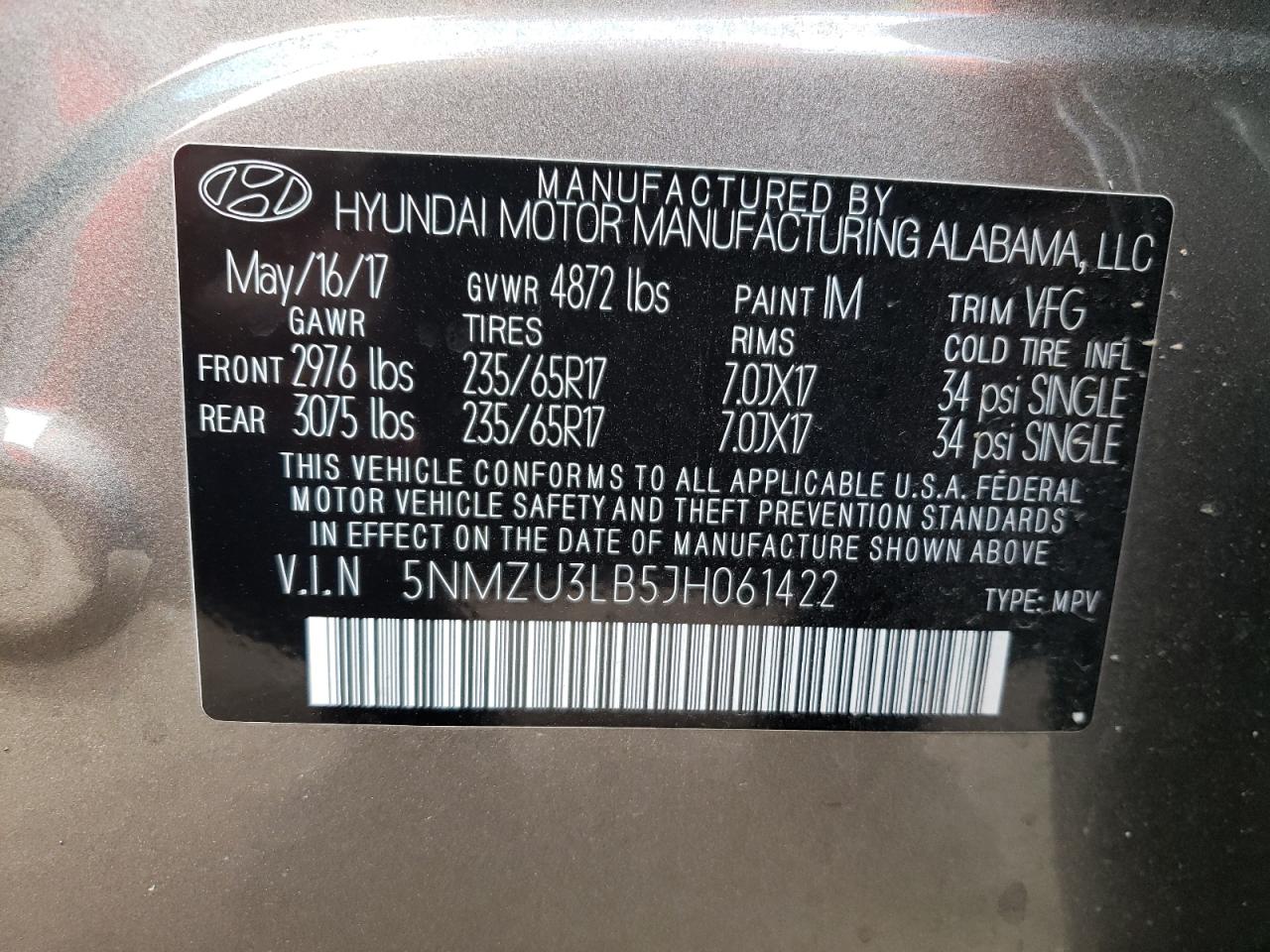 Photo 10 from auction – 2018 HYUNDAI SANTA FE S with VIN 5NMZU3LB5JH061422