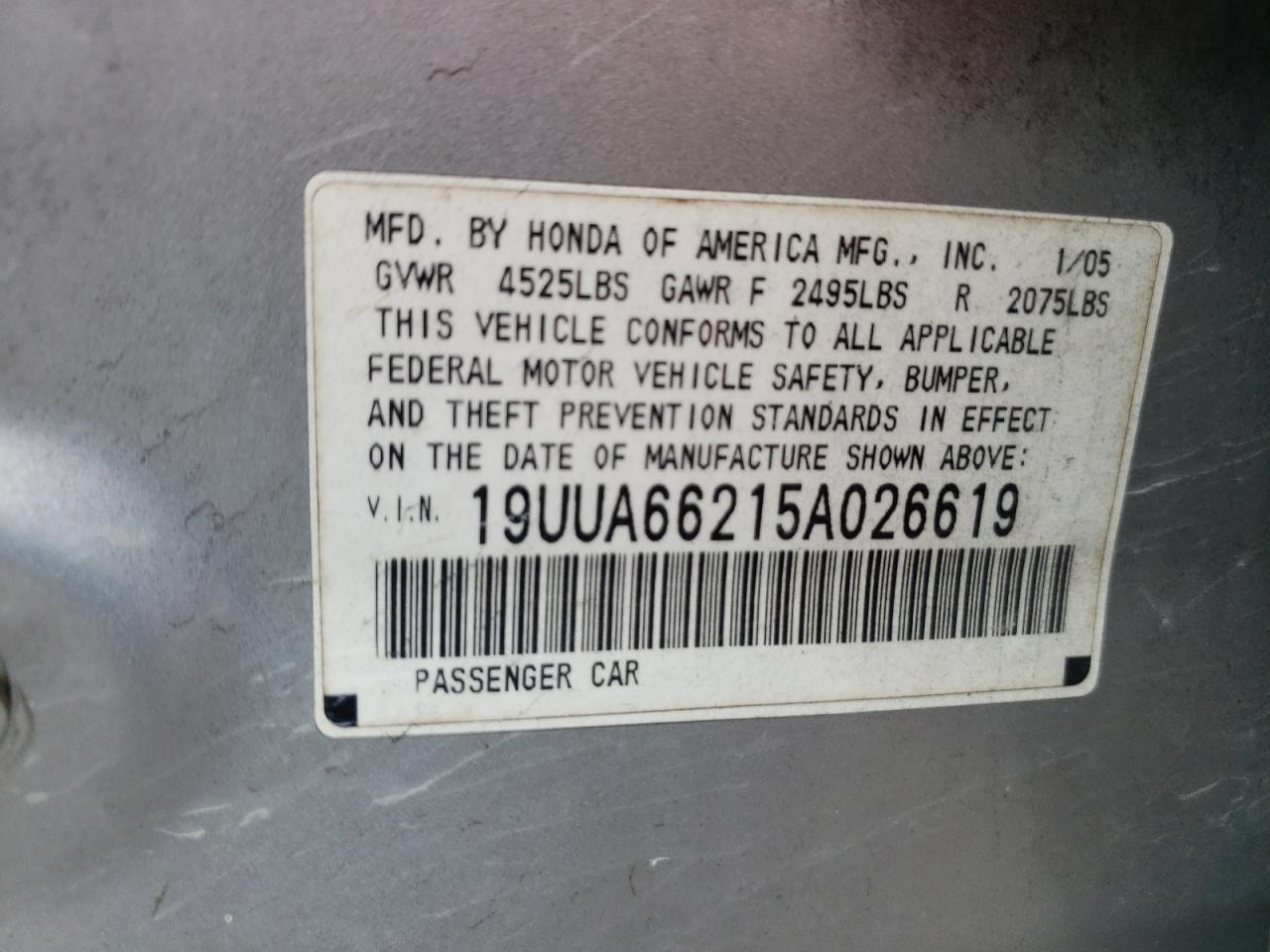 Photo 10 from auction – 2005 ACURA TL with VIN 19UUA66215A026619