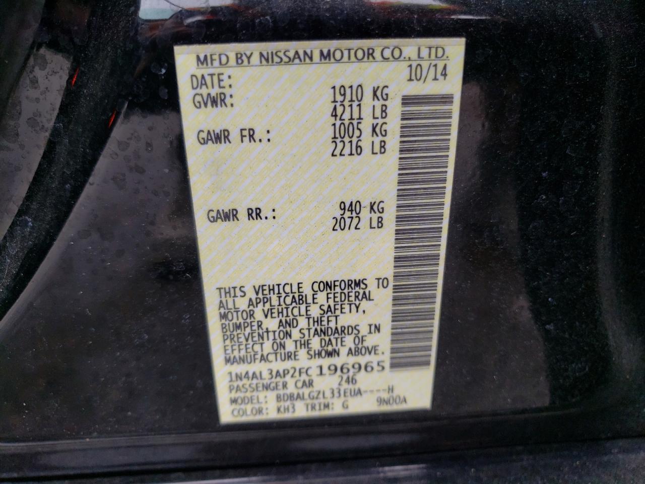 Photo 10 from auction – 2015 NISSAN ALTIMA 2.5 with VIN 1N4AL3AP2FC196965