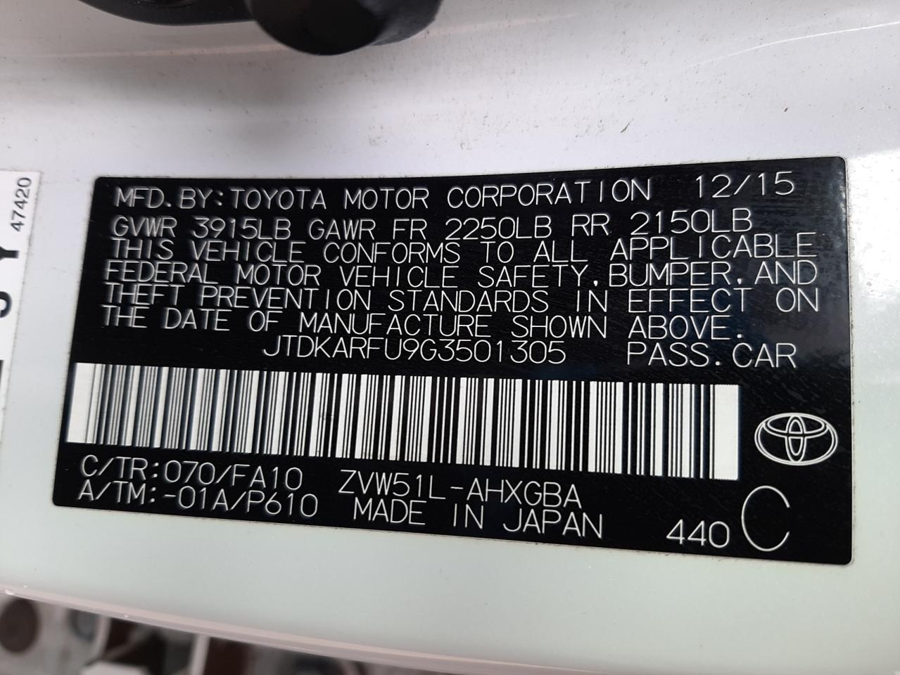 Photo 10 from auction – 2016 TOYOTA PRIUS with VIN JTDKARFU9G3501305