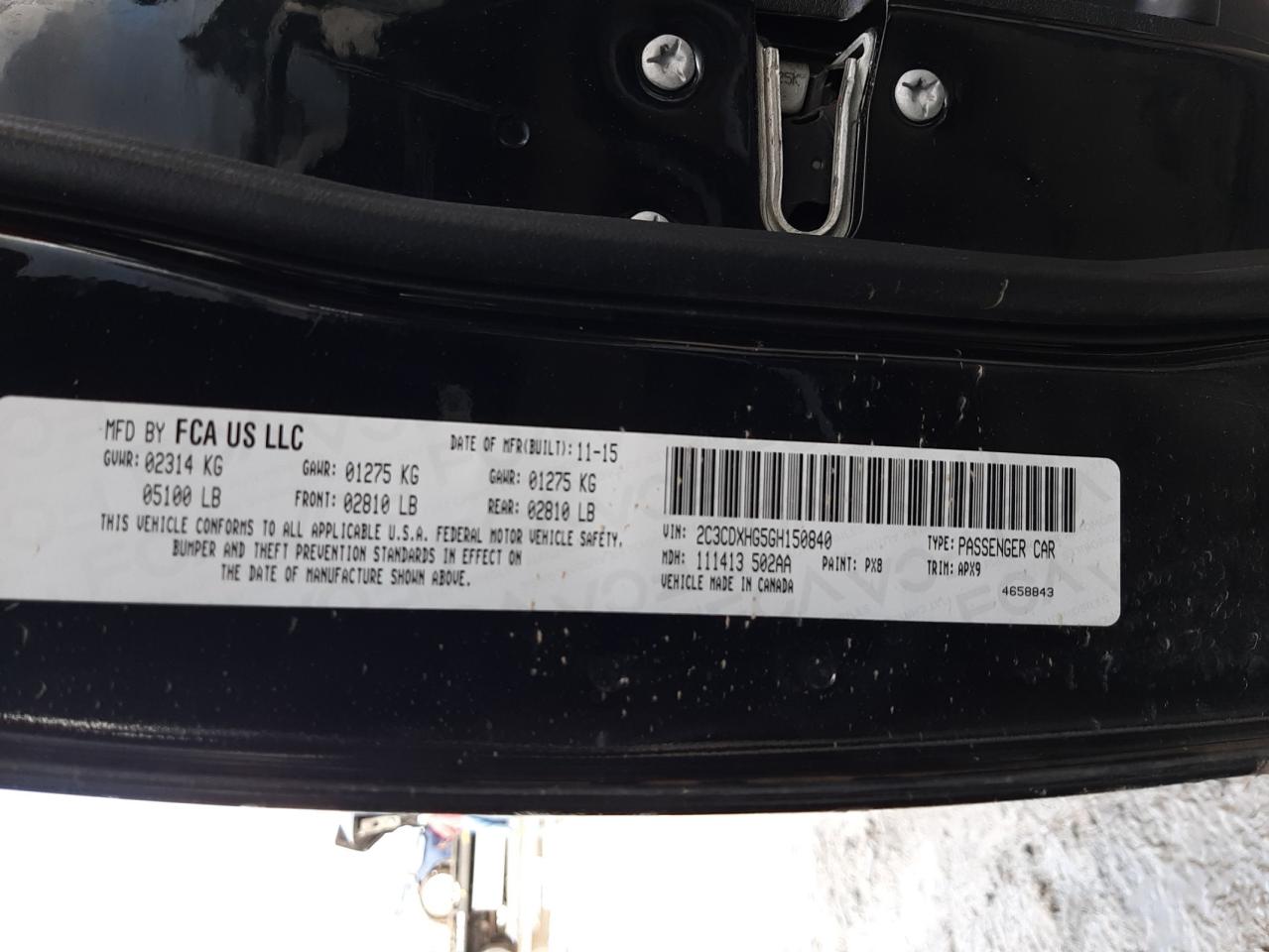 Photo 10 from auction – 2016 DODGE CHARGER SX with VIN 2C3CDXHG5GH150840