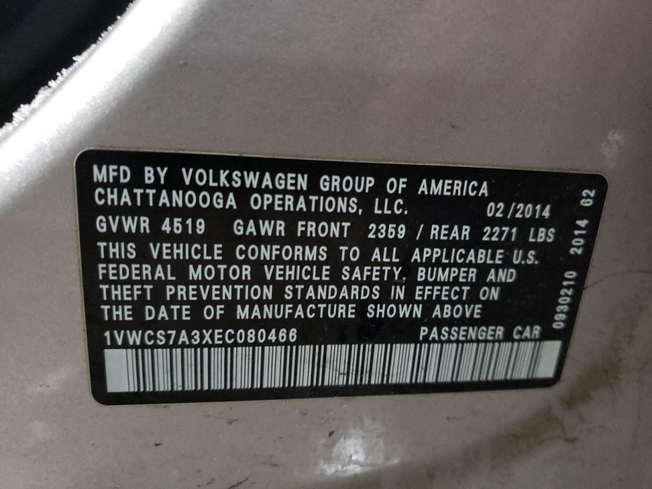 Photo 10 from auction – 2014 VOLKSWAGEN PASSAT SEL with VIN 1VWCS7A3XEC080466