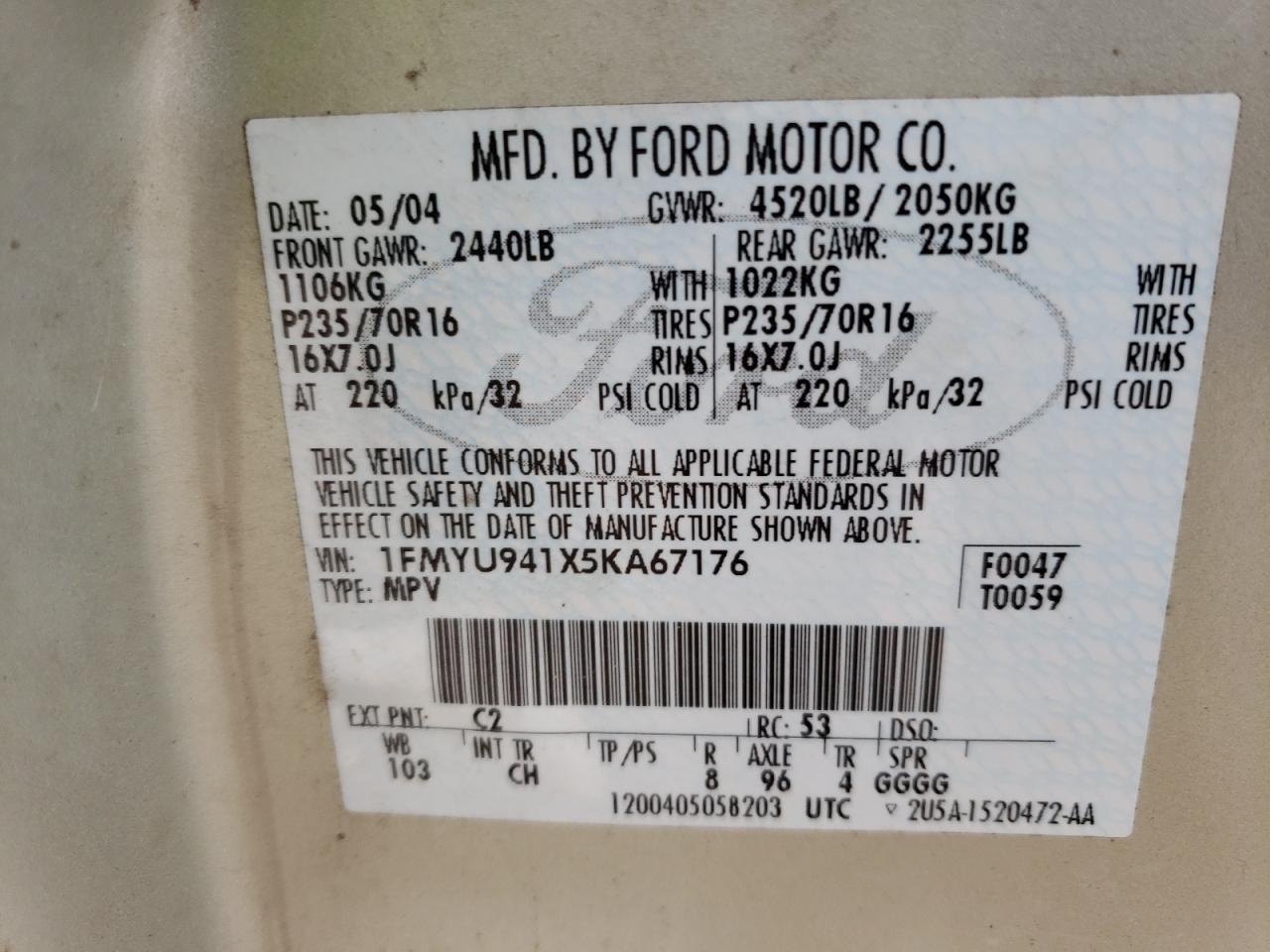 Photo 10 from auction – 2005 FORD ESCAPE LIM with VIN 1FMYU941X5KA67176