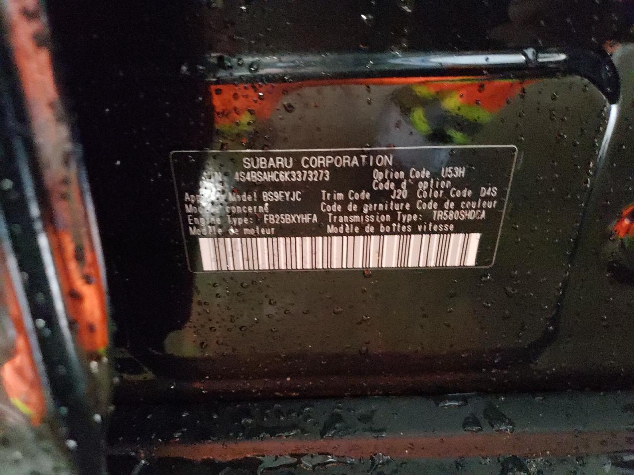 Photo 10 from auction – 2019 SUBARU OUTBACK 2. with VIN 4S4BSAHC6K3373273